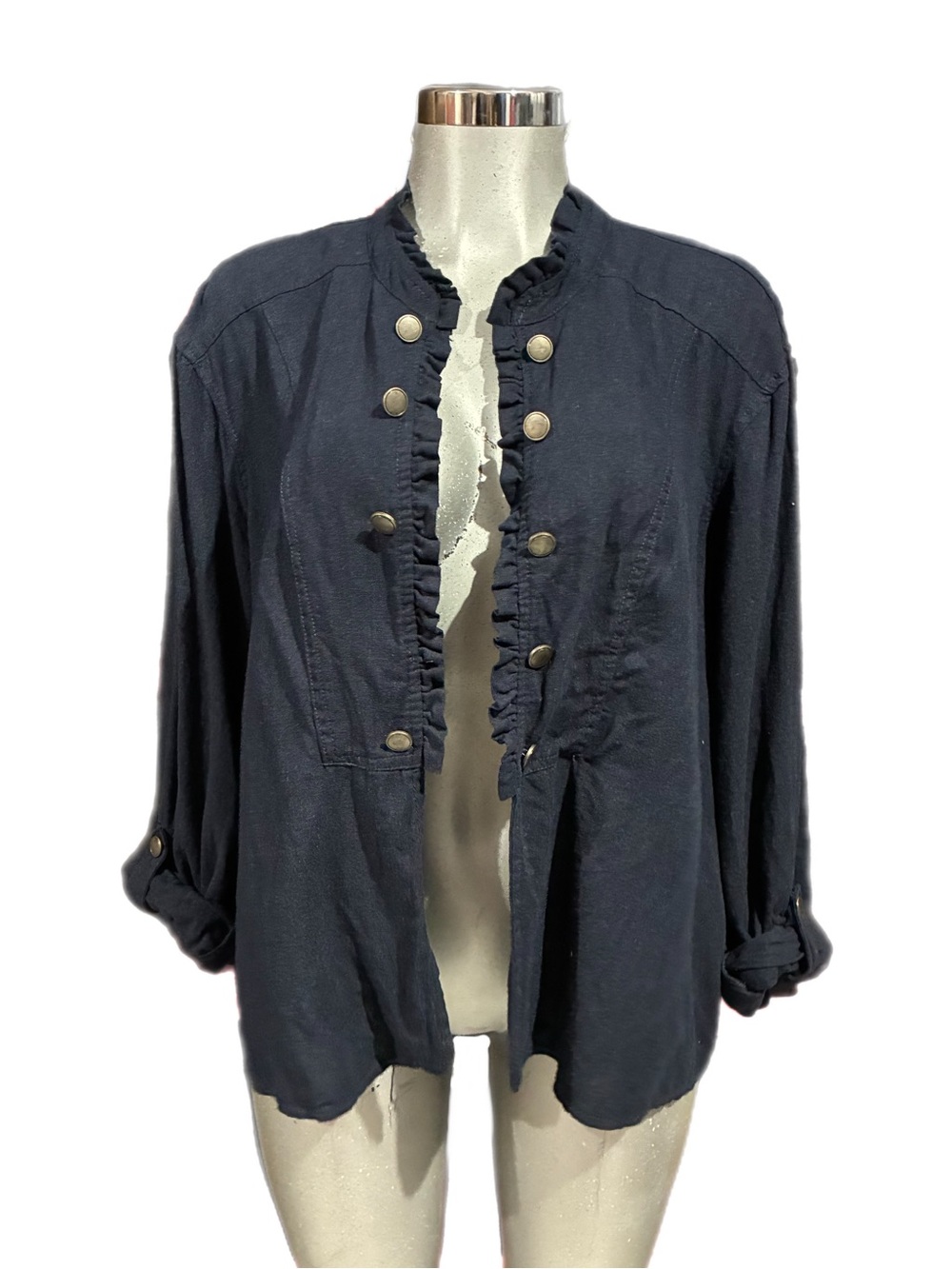 Maurices Navy Linen Blend Open Front Ruffle Blazer Jacket Military 3X Roll Tab